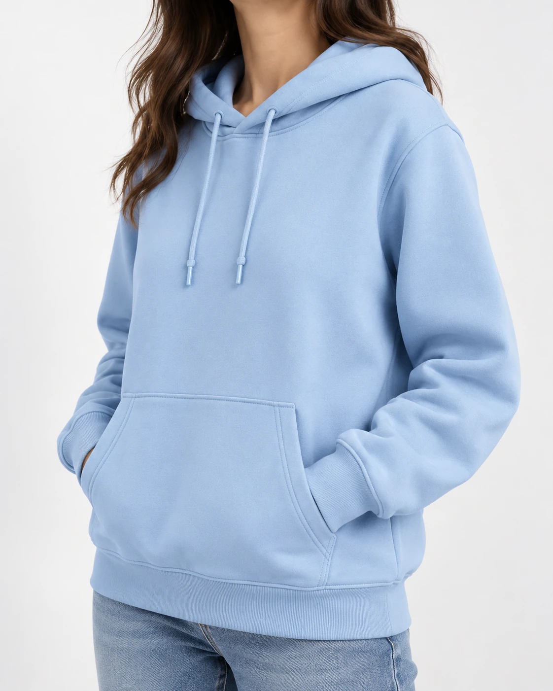 Light-blue hoodie worn by a person.