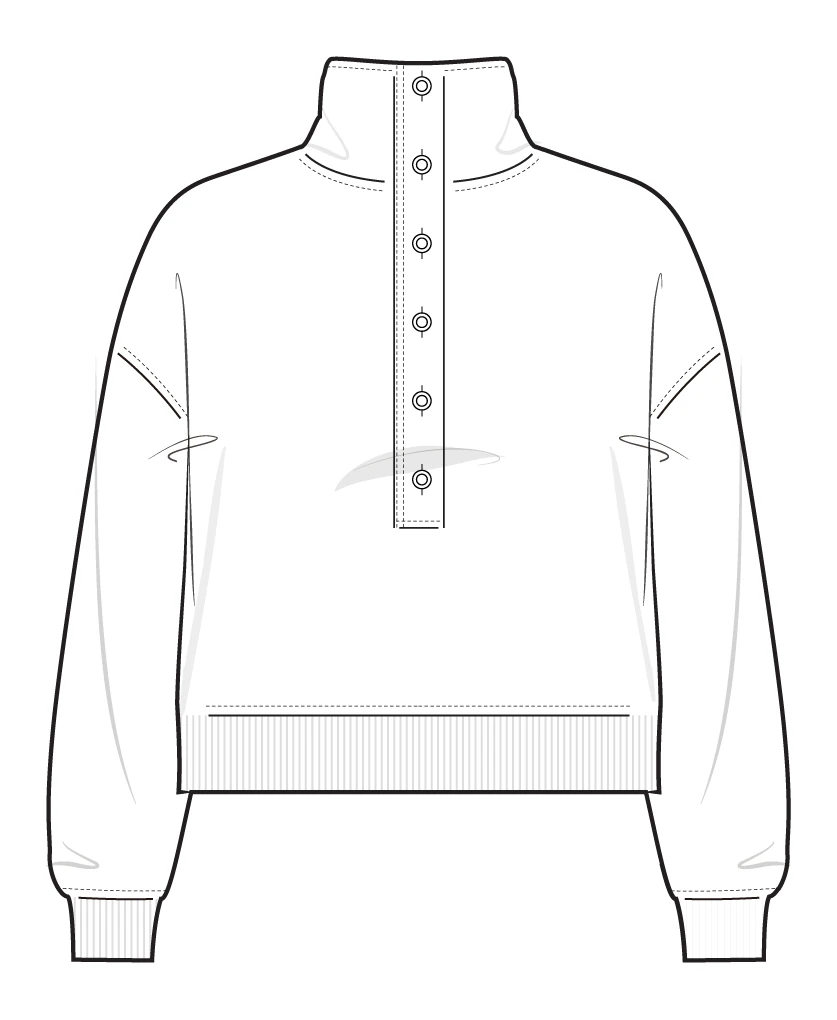 Pullover sketch with open connections at the collar, placket and hem areas.