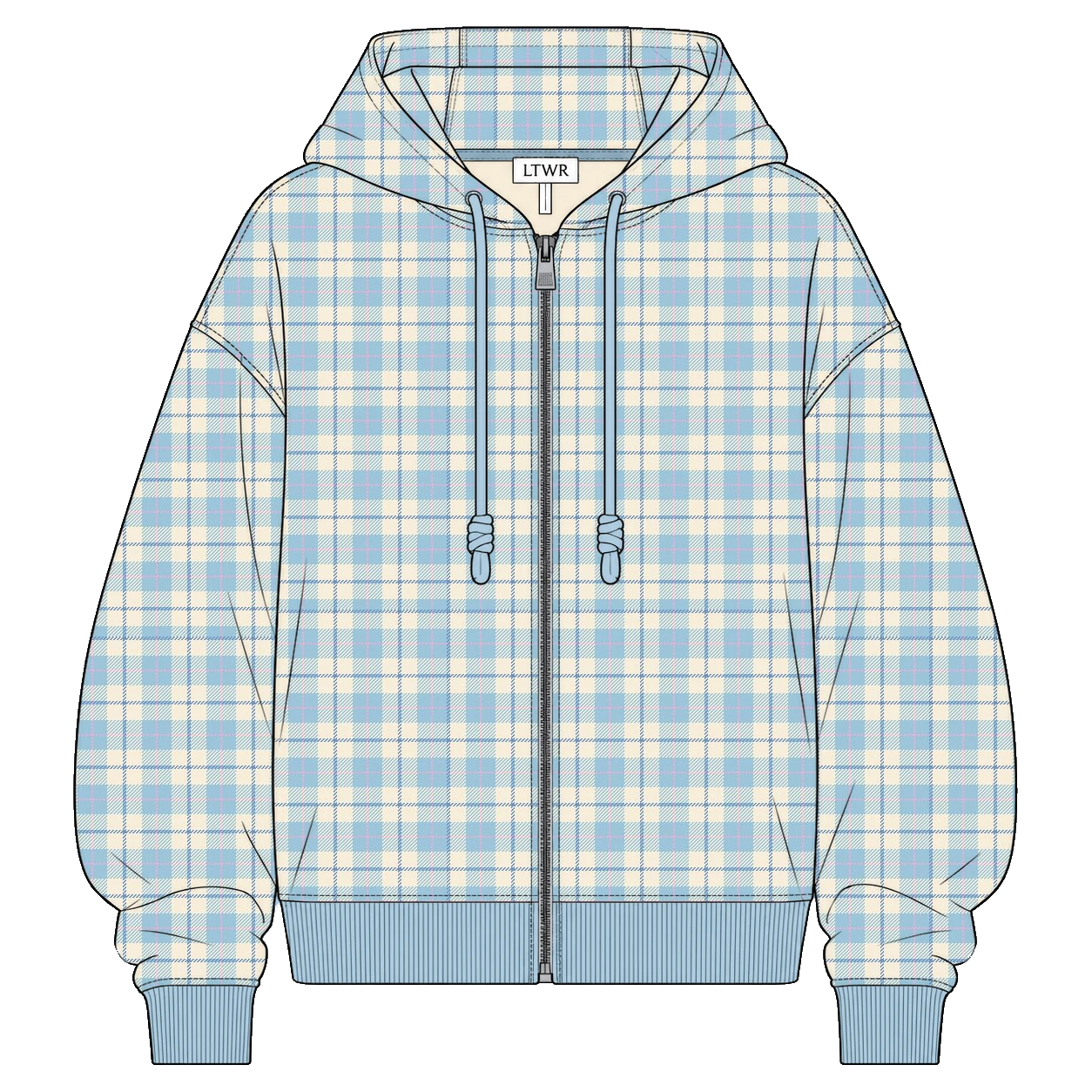 LTWR hoodie colorway 03 with a check pattern, blue ribbing and drawcords, and a light inner neckline