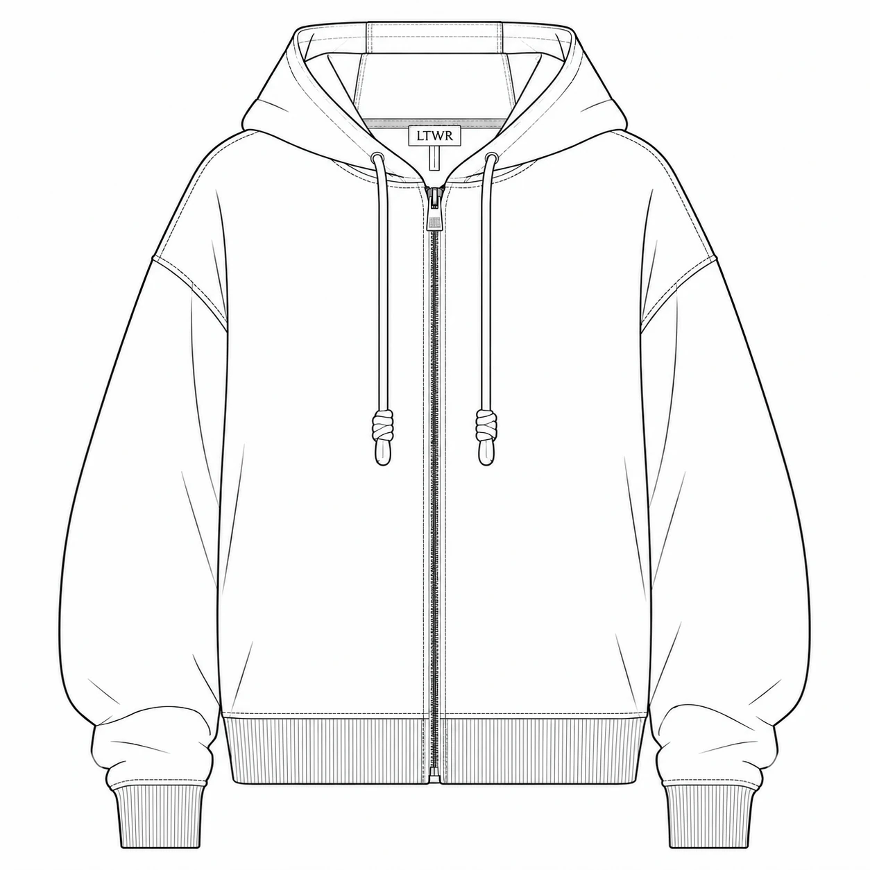 Original black-and-white LTWR zip-up hoodie technical flat